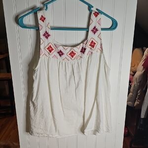 Madewell Cream Embroidered Tank with Pink & Red Accents
